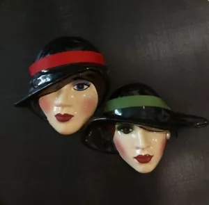 Paar Vintage Keramik Damen Gesichtsmaske Elegant Face Flapper 20er Hut Wanddeko - Bild 1 von 10