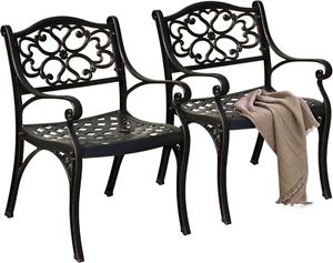 Set of 2 Outdoor Cast Aluminum Outdoor Chairs with Armrest, All-Weather Patio Di - Picture 1 of 8