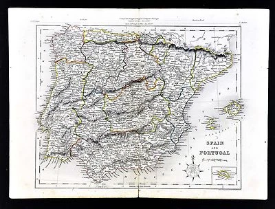 c. Mapa Archer 1849 - Espanha Portugal Madrid Lisboa Barcelona Catalunha Gibralter - Imagem 1 de 2