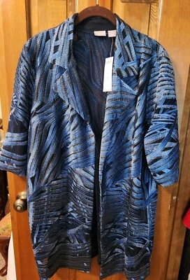 Chico’s Travelers Whimsy Mesh Stripe 3/4 Sleeve Jacket Wave Blue Size 3 NWT - Image 1 of 4
