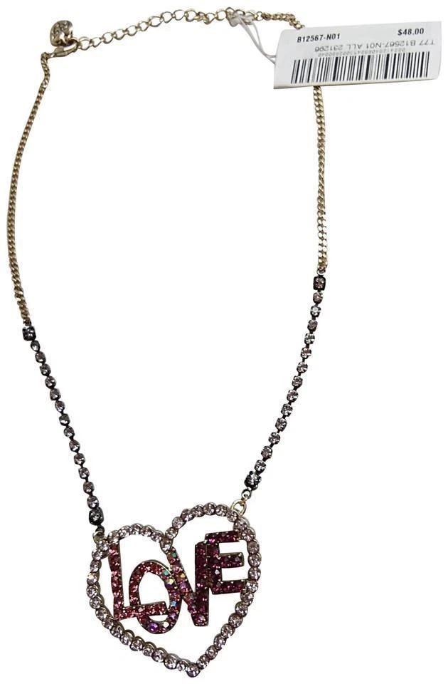 Betsey Johnson Gold Hematite Harlem Shuffle Pink Crystal Heart Love Necklace