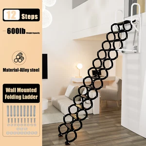 Wall Mounted Folding Ladder Black Loft Attic Stairs Pull down 12 Steps USA - Picture 1 of 17