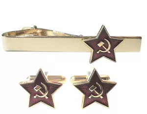 URSS Unión Soviética Rusia Estrella Roja Martillo Hoz Oro 24ct P Gemelos y Clip de Corbata - Imagen 1 de 8