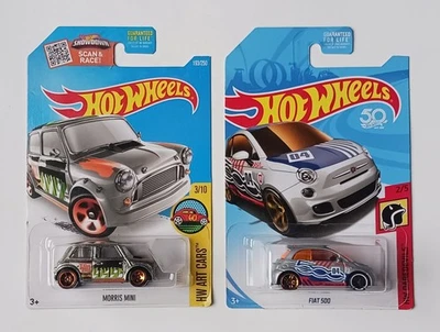 Lot of 2 2016-18 Hot Wheels Morris Mini & Fiat 500 Error Cars Each 1 Wrong Wheel - Image 1 of 4