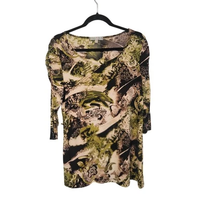 Top túnica vintage Suzie XL 80s Y2K verde marrón bosque hada Mandela estampado geográfico Foto 1 de 4