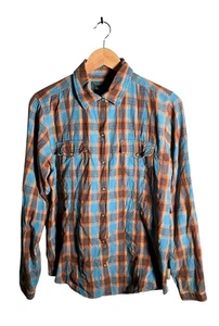 Woolrich Shirt Women’s Size M Blue Orange Plaid Pearl Snap Western Outdoor - Picture 1 of 15