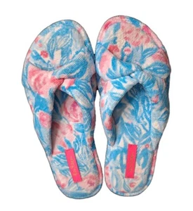 Lilly Pulitzer Printed Velour Slipper Bondi Blue My Little Peony Sz 7/8 EUC - Picture 1 of 10