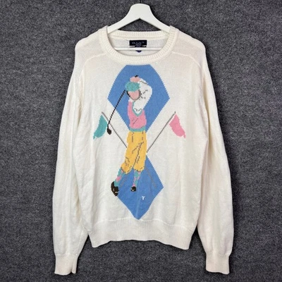 Suéter de golf vintage Gant Hand para hombre grande de algodón blanco tejido Argyle Foto 1 de 4