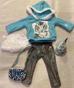 Justice 18 pollici vestiti bambola vestito blu tigre felpa pantaloni borsa cappello - Foto 1 di 7