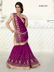 Designer Purple Heavy Zari Embroidery Border Work Sari Georgette PartyWear Saree - Picture 1 of 6