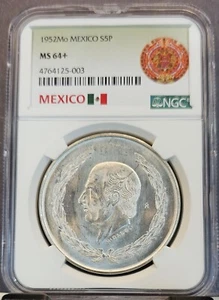 1952 MEXICO SILVER 5 PESOS S5P HIDALGO NGC MS 64+ SMOOTH LUSTER GEM BU BEAUTY - Picture 1 of 3