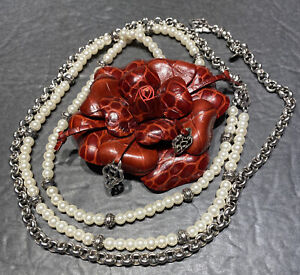 Brighton Leather Flower Belt Necklace Maroon With Pearls And Silver Chain 46”