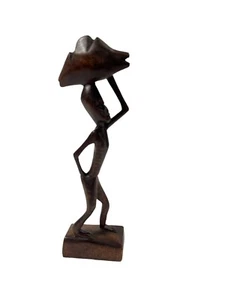 Vintage African Carved Wooden Folk Art Woman Carrying Basket Statue Figurine 7” - Picture 1 of 12