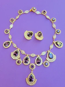 Ciner Necklace Earrings Set Purple Amethyst in Gold Drop Princess Old Hollywood - Picture 1 of 8