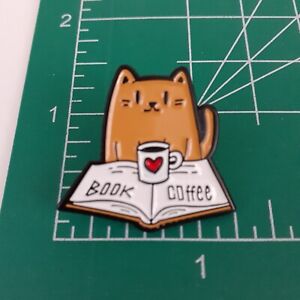 Orange Cat W/Open Book & Heart Coffee Cup Enamel Pin New