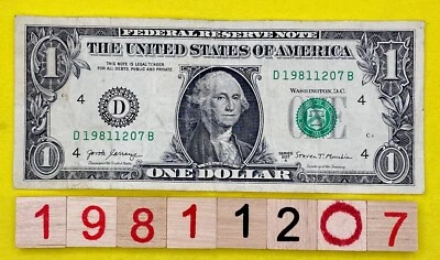 1981 December 7￼ ￼Birthday Note 19811207 Fancy Serial Number One Dollar Bill DC - Image 1 of 4