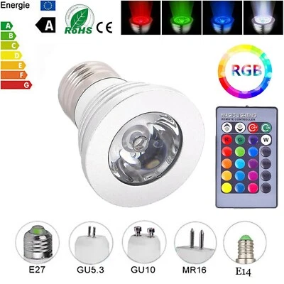 E27 E14 GU10 GU5.3 MR16 RGB LED Strahler Lampe 3W Farbwechsel + Fernbedienung DE - Bild 1 von 4