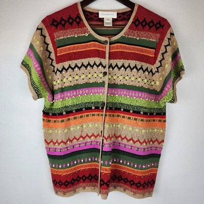 Susan Bristol Womens 1X Striped Short Sleeve Button Front Sweater Beaded Y2K  - Image 1 of 4