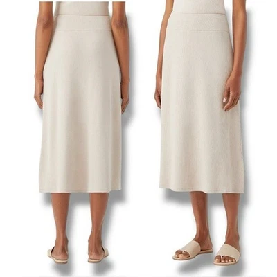 Falda midi de punto acanalado Eileen Fisher línea A beige elástica talla pequeña Foto 1 de 4