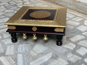 Festival Pooja Chowki Brass Inlay Wooden Bajot Indian Prayer Room Table Decor - Picture 1 of 11