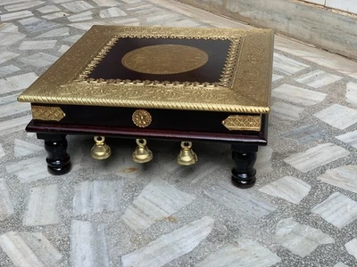 Festival Pooja Chowki Brass Inlay Wooden Bajot Indian Prayer Room Table Decor - Image 1 of 4