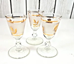 3 Vintage Libbey Golden Foliage Cordial Schnapsgläser 1 oz 60er Jahre MCM Gold Blätter - Bild 1 von 5