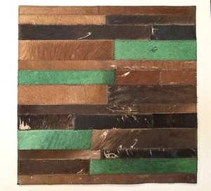 "Estera pequeña de cuero pelo sobre piel India marrón verde boho rayas SURYA 18""x18""" - Imagen 1 de 7