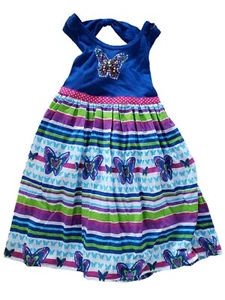 Girls Blue Butterfly Heart Print Striped Sequin Summer Tank Strap Dress - Picture 1 of 1