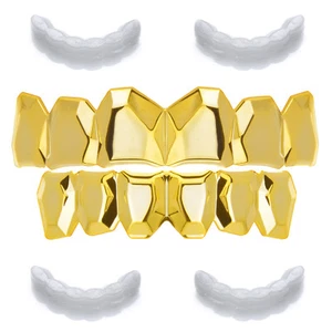 Hip Hop CUT GRILLZ SET Gold Plated Top Bottom Cap Teeth LS 051 G 2 extra Bar - Picture 1 of 4