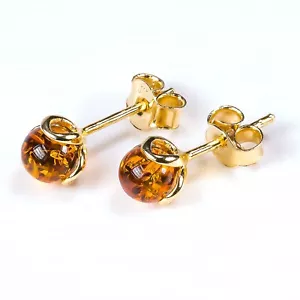 Orecchini a borchie fiori placcati oro sterling 925 miele baltico ambra baltica designer - Foto 1 di 7