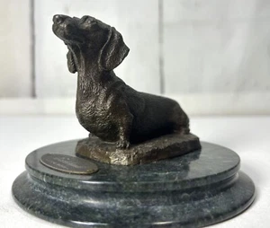1994 VINTAGE DACHSHUND WEINER DOG BRONZE LIVING STONE MARBLE BASE STATUE SIGNED - Picture 1 of 8