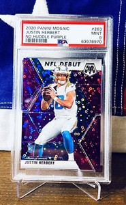 2020 Panini Mosaic JUSTIN HERBERT No Huddle Purple /50 Disco Prizm Rookie PSA 9