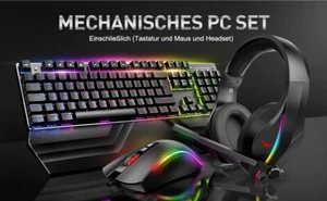 Mechanische Gaming Tastatur Maus Headset Set, RGB QWERTZ Handballenauflage - Bild 1 von 10