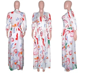 NEU Damen Böhmischer Stil V-Ausschnitt heißester Kittärmel geteilter Druck Maxikleid #L - Bild 1 von 4