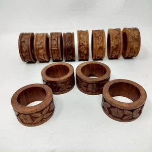 Wood Napkin Rings Carved Flowers (2" diameter) Made In India Lot Of 12 - Picture 1 of 6