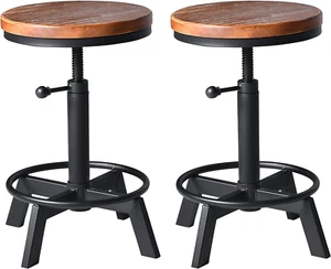 Set of 2-Industrial Bar Stool-Counter Height Chairs- Swivel Wooden Seat- Adjusta - Picture 1 of 7