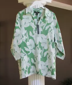 TAHARI Green White 100% Linen 3/4 Sleeve Top Shirt w/ Side Buttons Size 2X NWT - Picture 1 of 5