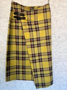 Disturbia Yellow Black Plaid Buckled Kilt Midi Skirt Women's US Size 8 - Picture 1 of 4