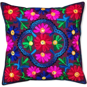 Boho Suzani bestickter Kissenbezug 16 x 16 Handarbeit Baumwolle Kissenhülle weinrot - Bild 1 von 5