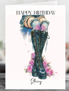 Medias y botas florales góticas personalizadas brillantes tarjeta de cumpleaños - elige la talla - Imagen 1 de 3