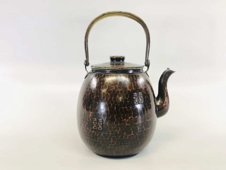 Y5358 KETTLE bule de chá de cobre assinado poesia chinesa Japão antigo vintage - Imagem 1 de 4