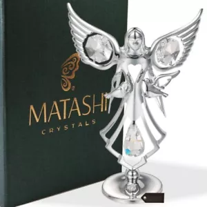 Matashi Silver Guardian Angel Figurine w/ Doves, Chrome Plated Crystals Ornament - Picture 1 of 9
