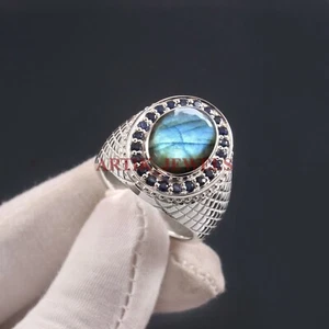 Anillo de labradorita natural y zafiro térmico con plata de ley 925 para hombre #4877 - Imagen 1 de 4