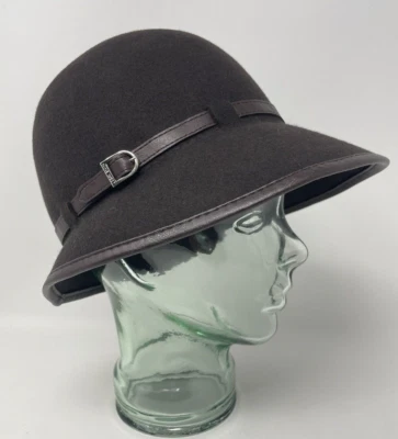 Sombrero cubo Nine West 100 % lana marrón con ribete de banda y hebilla 23" circunferencia Foto 1 de 4