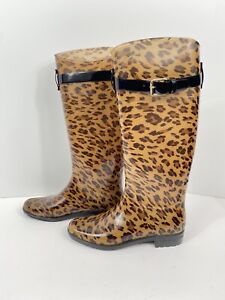 Lauren Ralph Lauren Rossalyn II Rain Boots Women Sz 7 Leopard Print Knee High