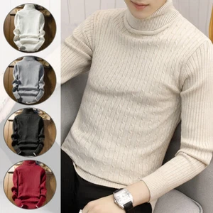 Mens Turtleneck Pullover Long Sleeve Jumper Tops Warm Sweater Knit T Shirt Tee - Picture 1 of 19