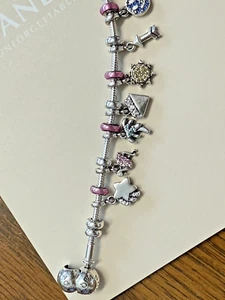 Pandora 7 1/2" Snake Chain Bracelet 15 Charms, 10 Silver Spacers, 8 Pink Spacers - Picture 1 of 10