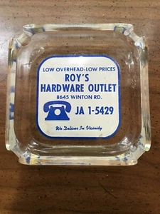 Roy's Hardware Outlet Ph JA1-5429 Vintage Glass Advertising Ashtray - Picture 1 of 3