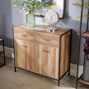 Sideboard Chest Cupboard Industrial Metal Living Room Furniture Oak Finish Unit - Picture 1 of 6