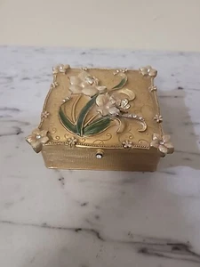 Emaille Blumen Libelle Spiegel Andenken Quadrat Box Klappdeckel Schwarz Filzeinsatz, - Bild 1 von 7